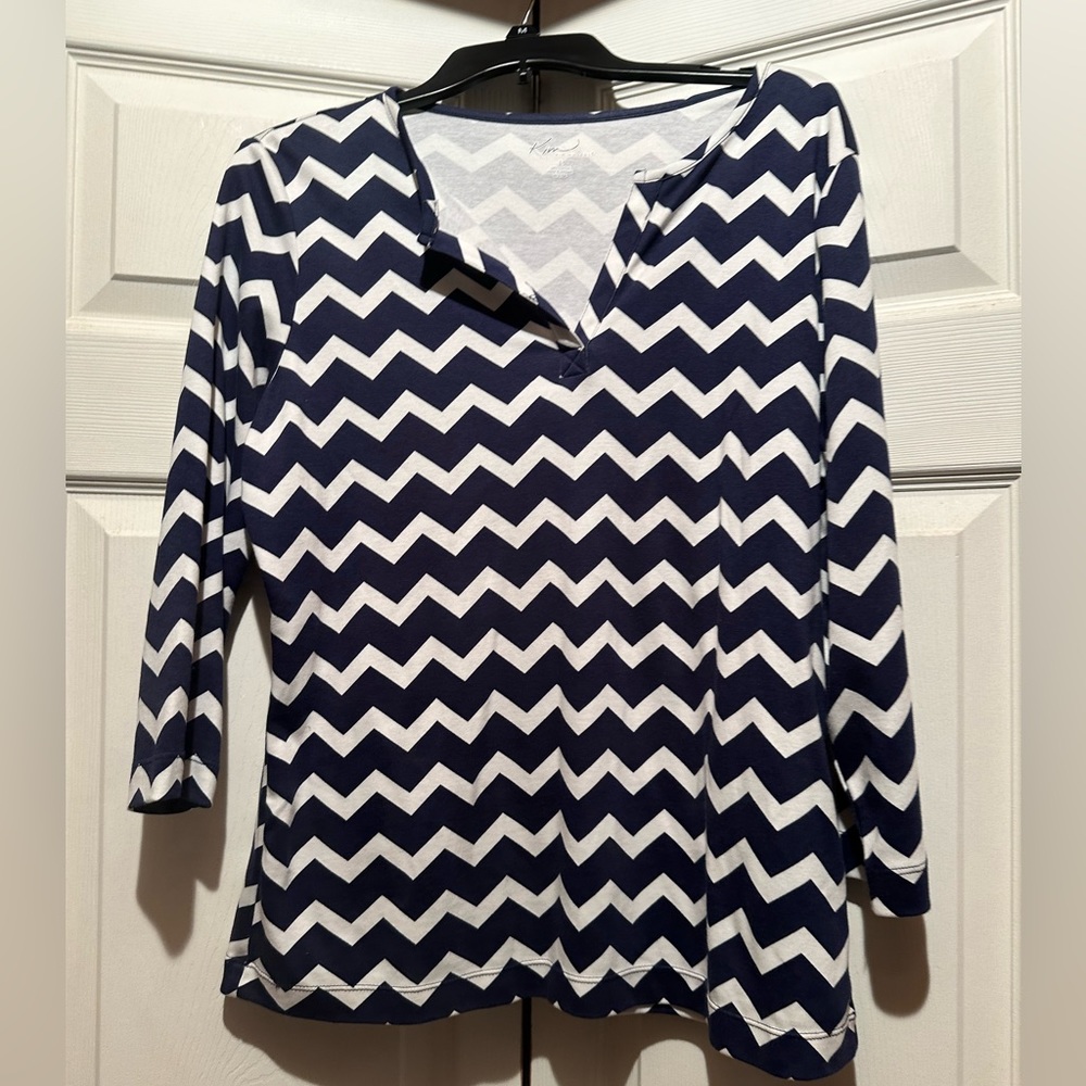 Kim Rogers blue and white 3/4 length blouse. Size large